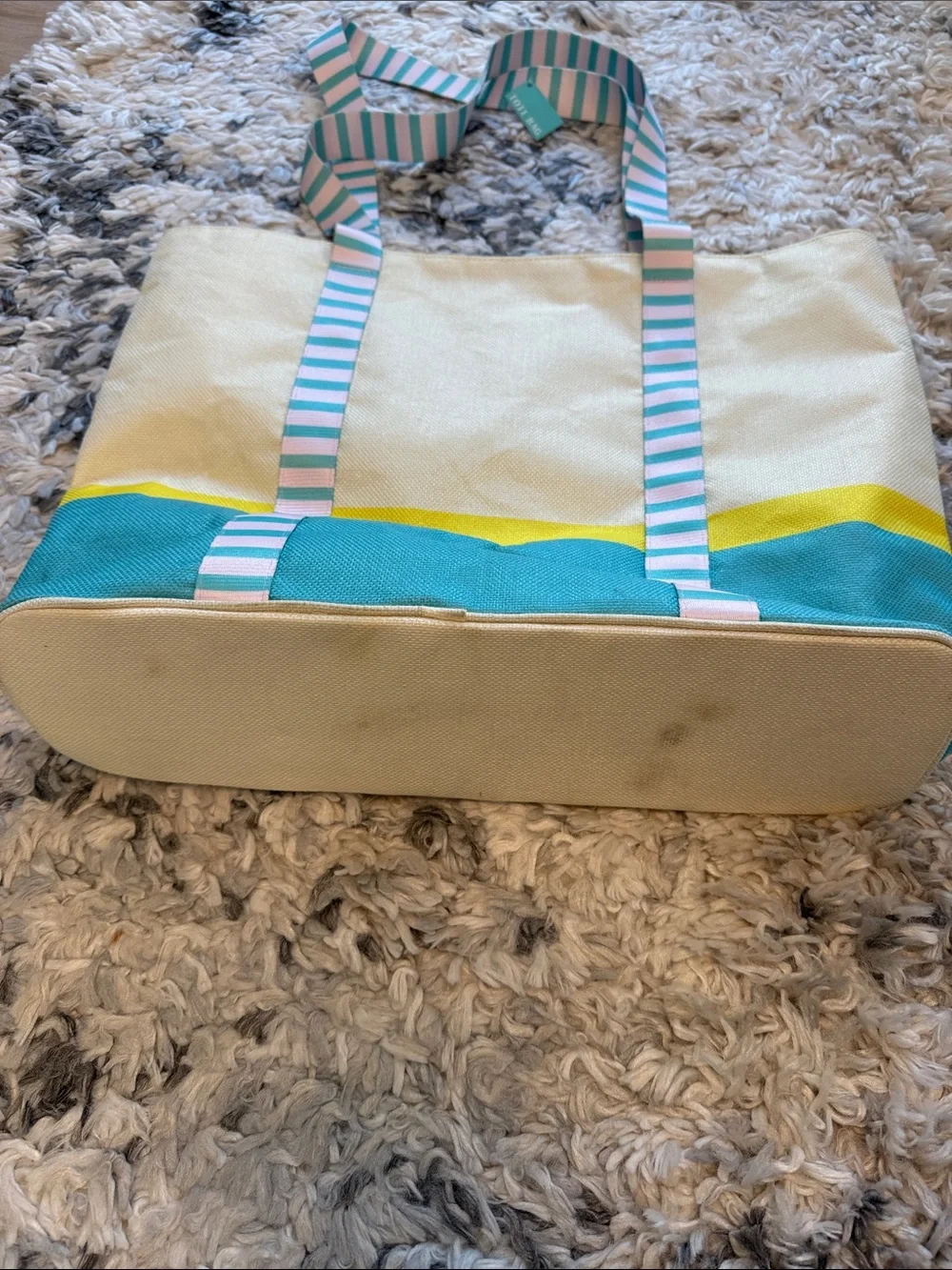 Canvas Beach Tote with hat holder and Striped Handles - Yellow & Teal Accent